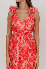 Vestido largo de Madara con espalda de cordones y estampado floral en rojo
