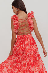Vestido largo de Madara con espalda de cordones y estampado floral en rojo