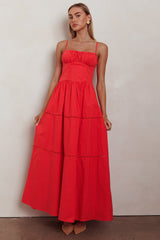 Vestido Maxi Evasê com Busto Franzido Heavenly Glow Vermelho