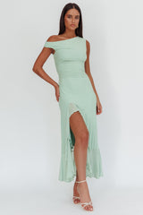 Vestido longo com decote assimétrico Moonlit Magic Sálvia