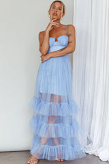 Vestido maxi de malla con volantes Moonlight Sonata azul cielo