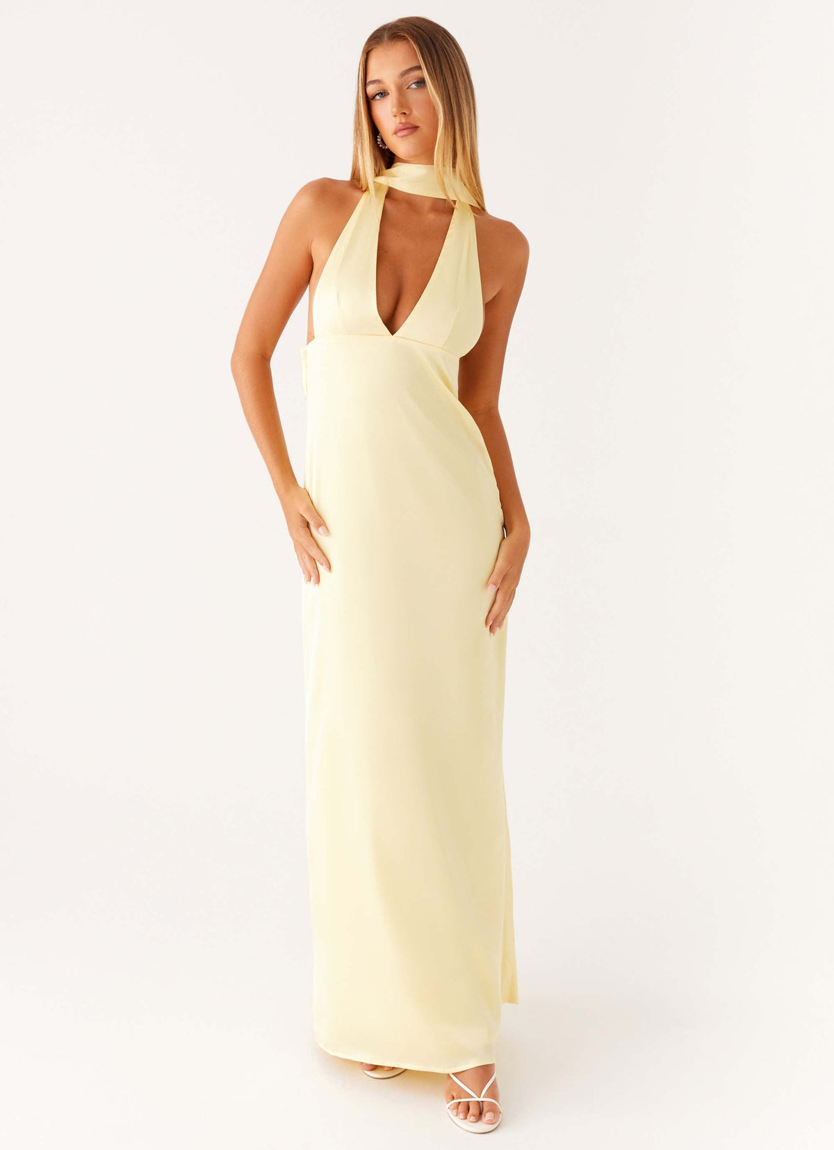 Vestido Maxi Alicia Halter de Cetim - Amarelo
