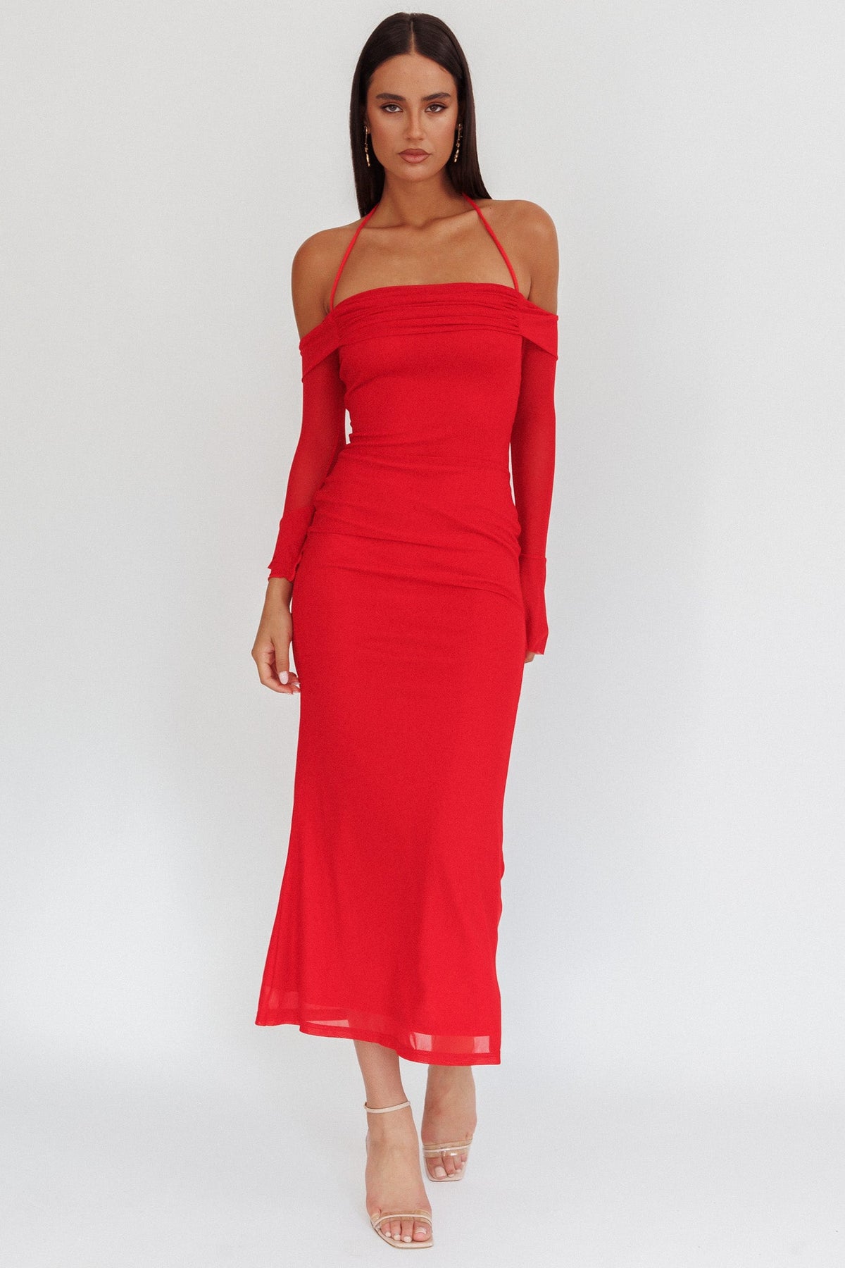 Vestido Longo Ombro a Ombro com Amarração no Pescoço Numbers Game Vermelho