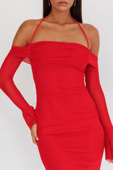Vestido Longo Ombro a Ombro com Amarração no Pescoço Numbers Game Vermelho