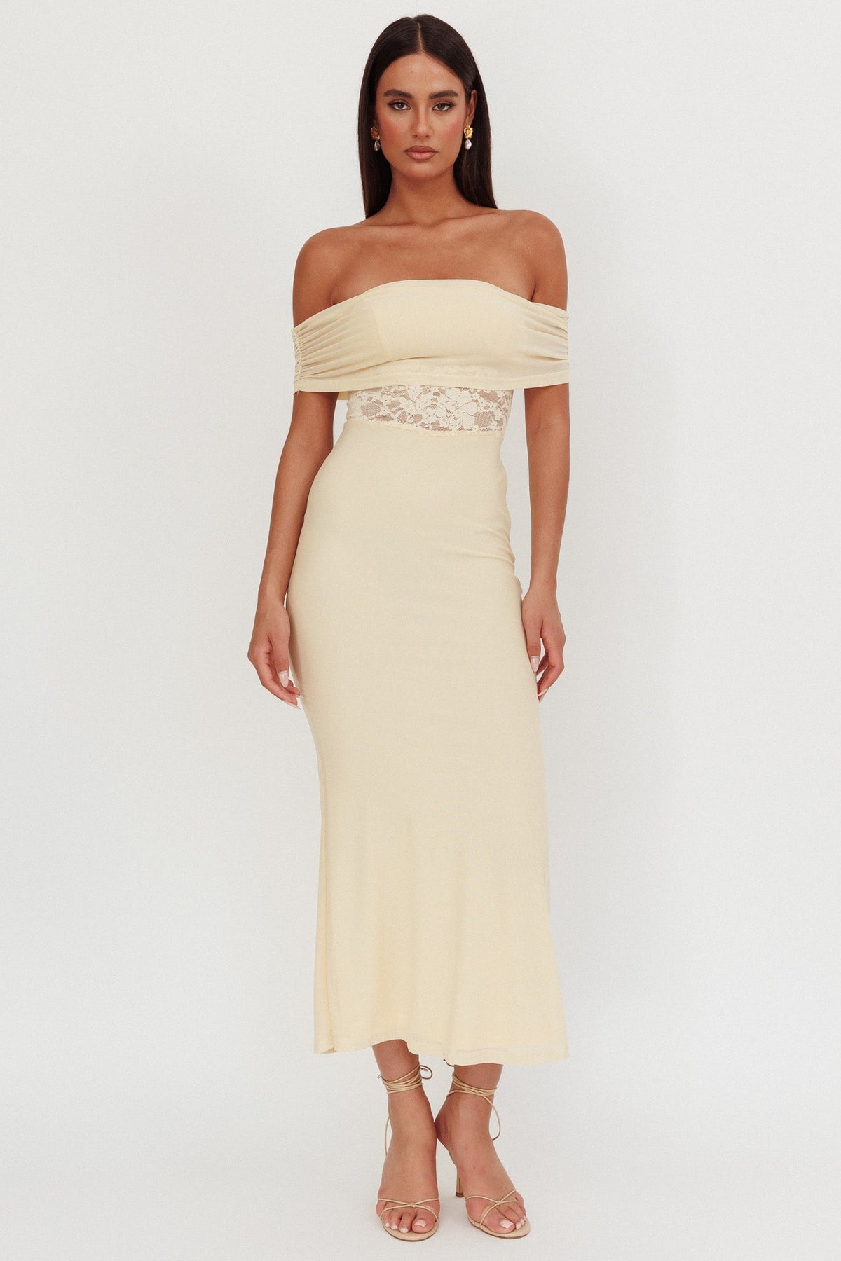 Vestido Longo com Renda e Decote Ombro a Ombro Flutters Creme