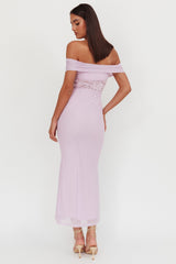 Vestido Maxi Flutters com Inserção de Renda no Ombro Lilás