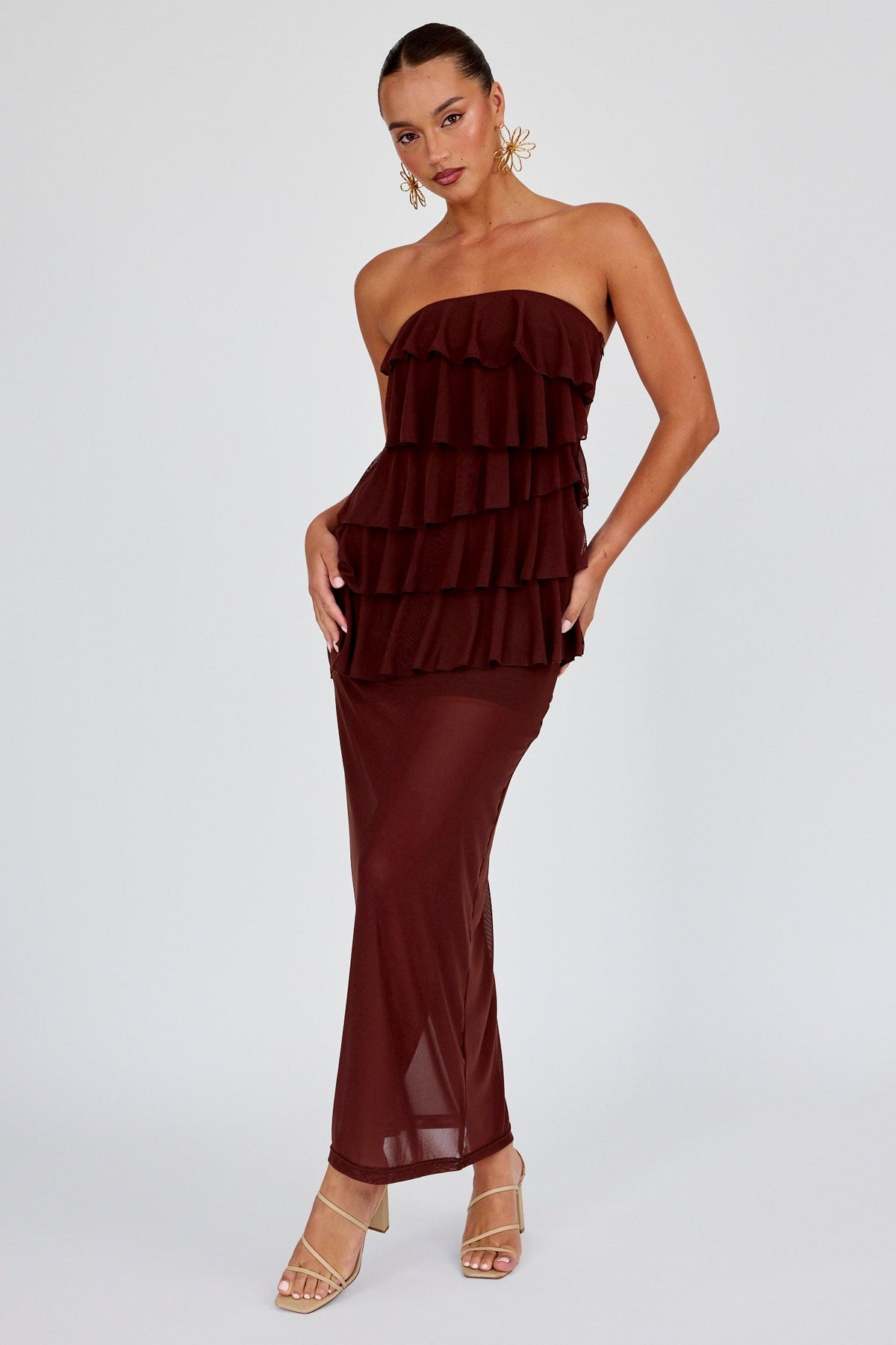 Vestido longo Crewe tomara que caia com babados Chocolate