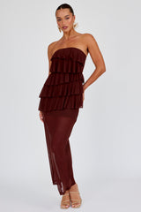 Vestido longo Crewe tomara que caia com babados Chocolate