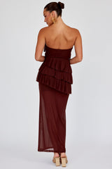 Vestido longo Crewe tomara que caia com babados Chocolate