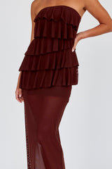 Vestido longo Crewe tomara que caia com babados Chocolate