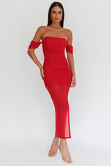 Vestido longo Melonie de tela com ombros à mostra vermelho