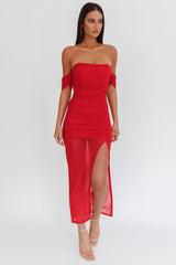 Vestido longo Melonie de tela com ombros à mostra vermelho