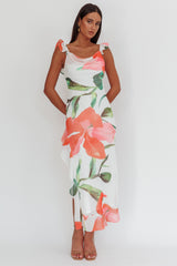 Vestido longo Loula com alça de babado e estampa floral vermelha