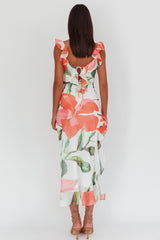 Vestido longo Loula com alça de babado e estampa floral vermelha