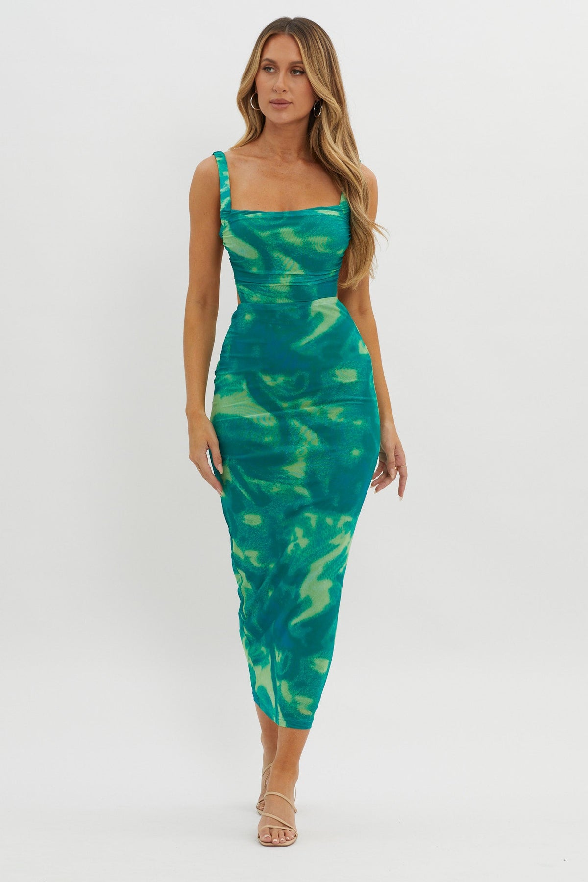 Vestido longo Dream Crush com fenda lateral e amarração nas costas verde Swirl
