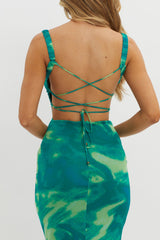 Vestido longo Dream Crush com fenda lateral e amarração nas costas verde Swirl
