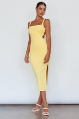 Vestido Midi Dream Crush com Fenda Lateral e Amarração nas Costas Amarelo Limão