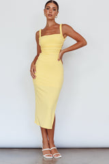 Vestido Midi Dream Crush com Fenda Lateral e Amarração nas Costas Amarelo Limão