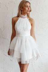 Minivestido de tul con cuello halter Andria Blanco