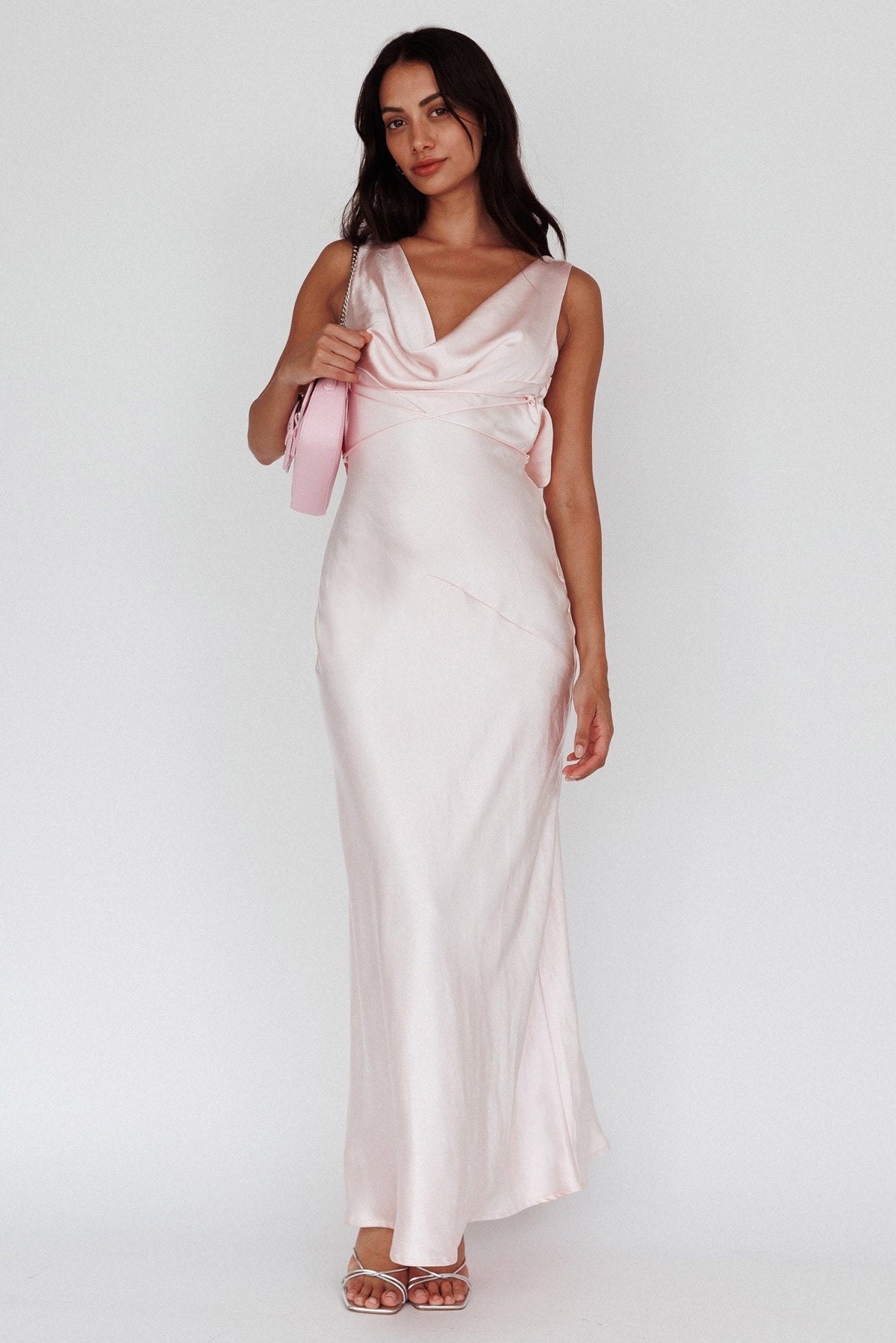 Vestido largo Cassiopeia con espalda descubierta y lazo - Rosa empolvado