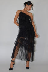 Vestido Maxi de Tule com Babados em Camadas Arrabel Preto