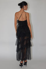 Vestido Maxi de Tule com Babados em Camadas Arrabel Preto