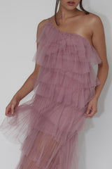 Vestido longo de tule com babados em camadas Arrabel - Ameixa