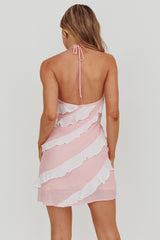 Vestido Mini Arrabel de Babados Contrastantes e Gola Halter Rosa