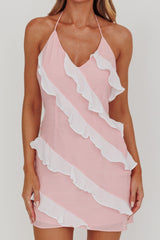 Vestido Mini Arrabel de Babados Contrastantes e Gola Halter Rosa