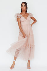 Vestido Midi de Tule com Babados no Ombro Amal Nude
