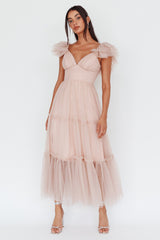 Vestido Midi de Tule com Babados no Ombro Amal Nude