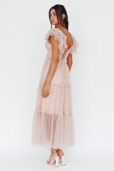 Vestido Midi de Tule com Babados no Ombro Amal Nude