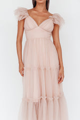 Vestido Midi de Tule com Babados no Ombro Amal Nude