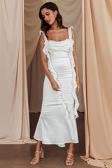 Vestido Midi Oyster com Babados e Detalhe Franzido