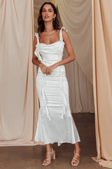 Vestido Midi Oyster com Babados e Detalhe Franzido