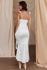 Vestido Midi Oyster com Babados e Detalhe Franzido