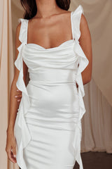 Vestido Midi Oyster com Babados e Detalhe Franzido