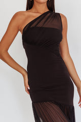 Vestido maxi de malla con un hombro Passion, negro