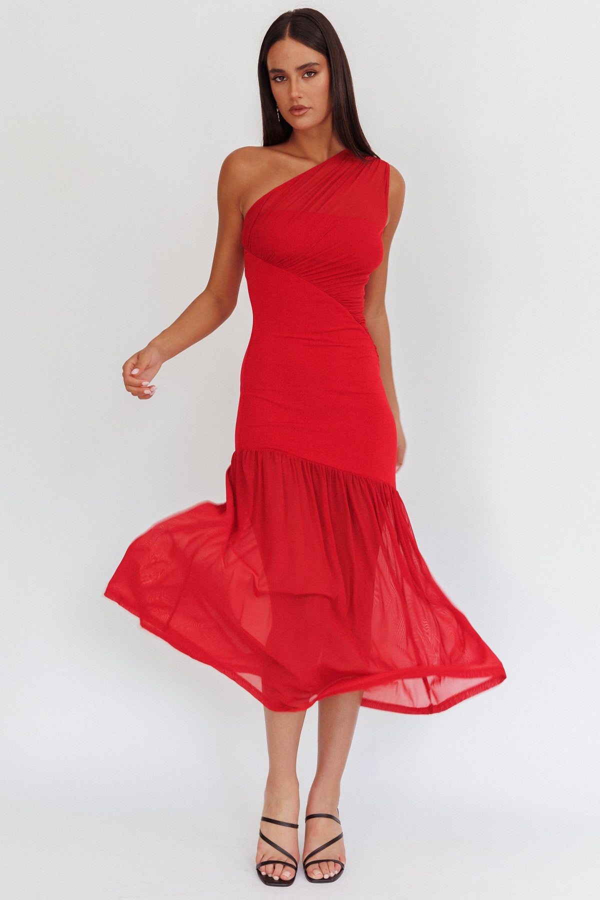 Vestido Longo de Tela de Um Ombro Só Paixão Vermelho