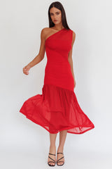 Vestido Longo de Tela de Um Ombro Só Paixão Vermelho