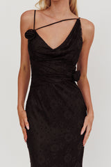 Vestido longo preto Golden Glow Rosette com gola drapeada