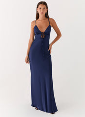 Vestido maxi de satén Flora - Azul marino