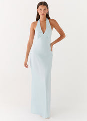 Vestido Maxi de Cetim Heavy Hearted - Azul Gelo