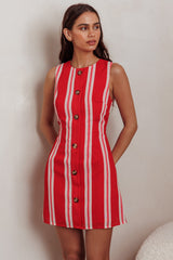 Vestido Curto Kalena com Falsa Carcela Listrado Vermelho