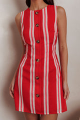 Vestido Curto Kalena com Falsa Carcela Listrado Vermelho