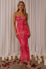Vestido Longo Teava com Cintura Rendada Rosa Abstrato