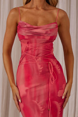 Vestido Longo Teava com Cintura Rendada Rosa Abstrato