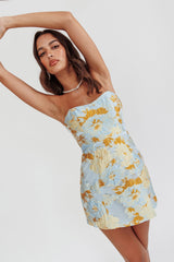 Minivestido tomara que caia jacquard Marlina azul