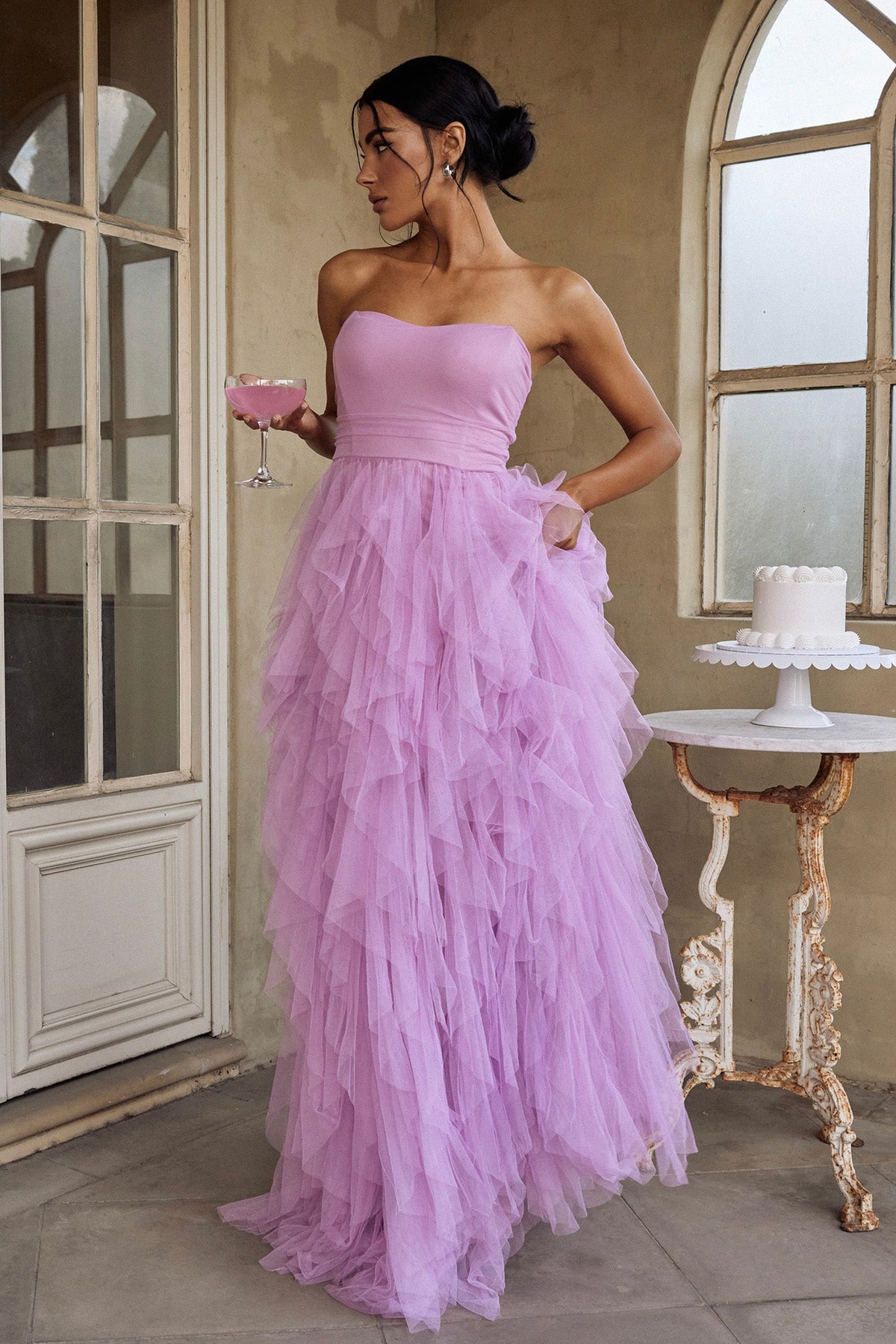 Vestido maxi Rori Tulle Cascade Orquídea