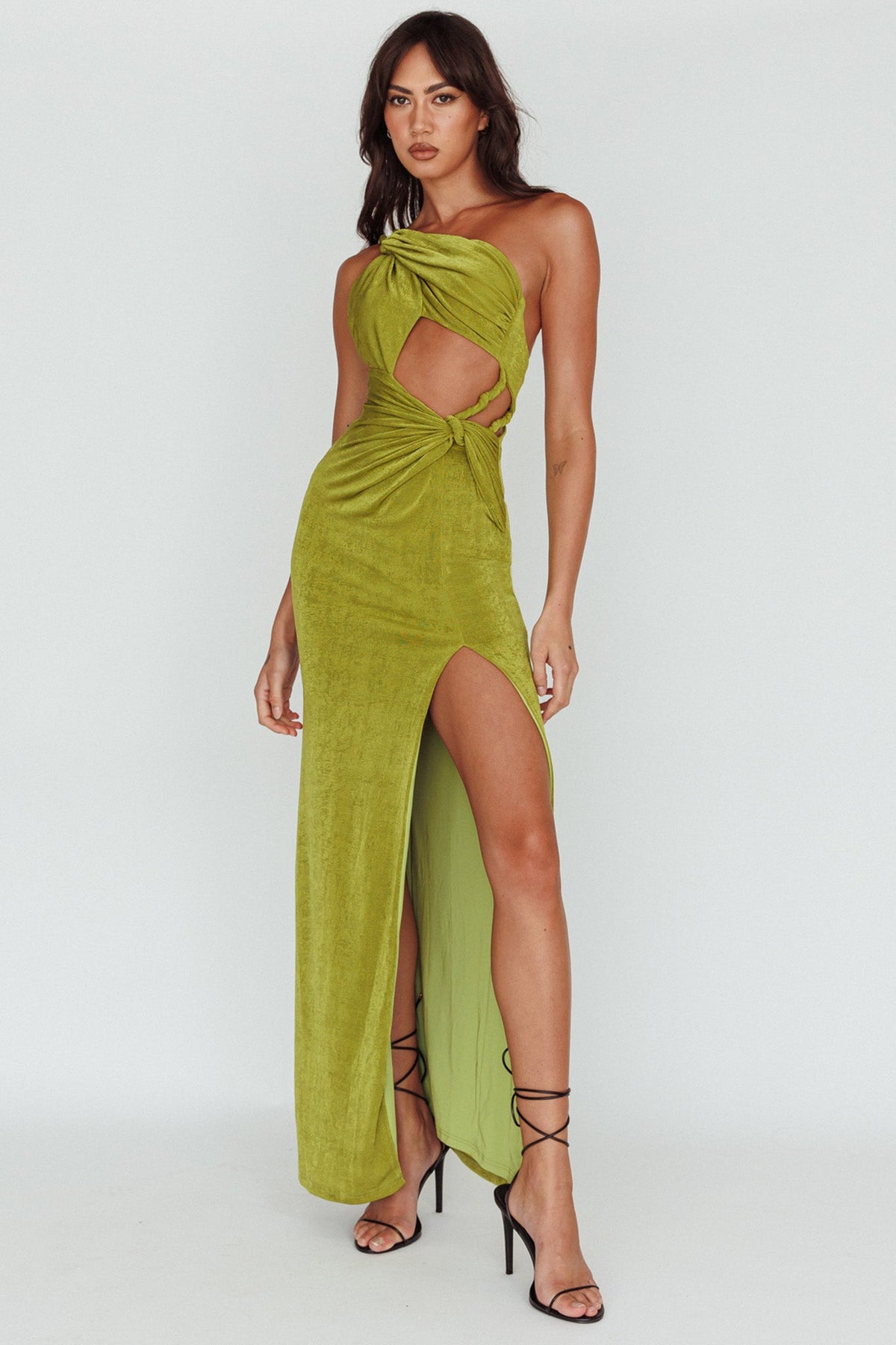 Vestido Midi Kiah Twist com Fenda na Perna na cor Musgo